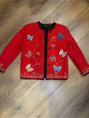 Vintage Red allover butterfly & flower appliqué jacket glass beads sz S